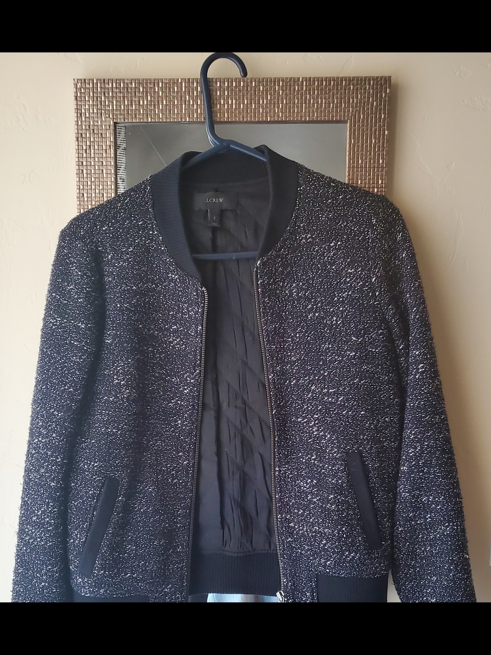 J. Crew Black and White Speckled Knit Bomber Jacket